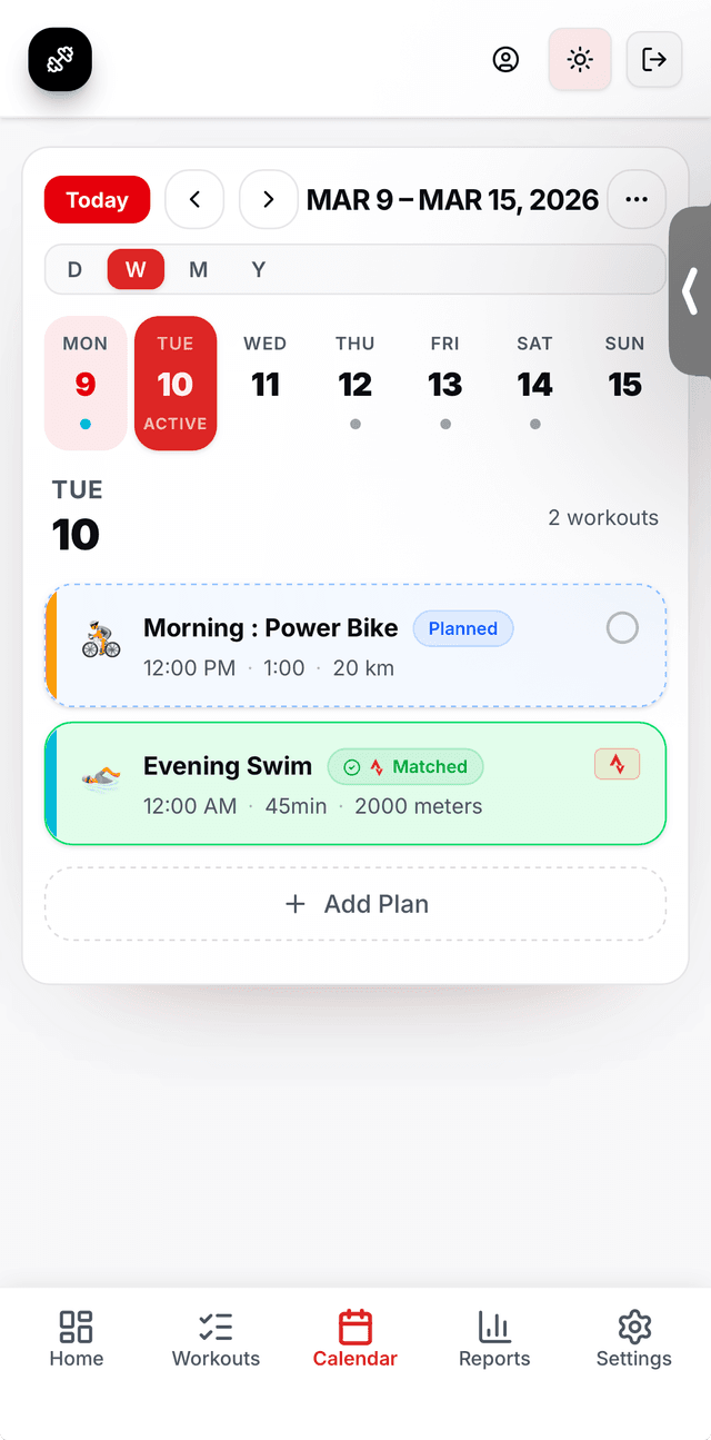 Calendar mobile view showing planned bike and matched swim