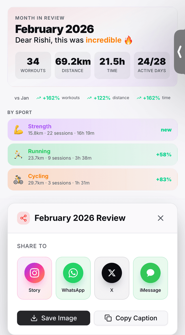 Monthly review showing February 2026 stats, sport breakdown, and share dialog